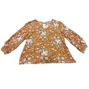 LOFT Outlet Floral Blouse‎ Rust Brown V-Neck Puff Sleeve Rayon XL NWT